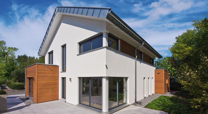 Fertighaus Weiss Musterhaus Plusenergiehaus Future Mannheim Terrasse