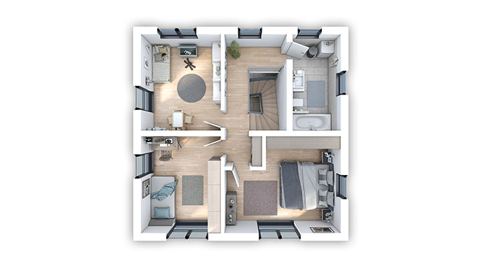 Grundriss Obergeschoss Stadtvilla 124 mit Zeltdach von hebelHAUS