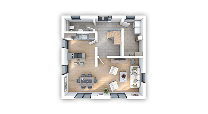 Grundriss Erdgeschoss Stadtvilla 124 mit Zeltdach von hebelHAUS