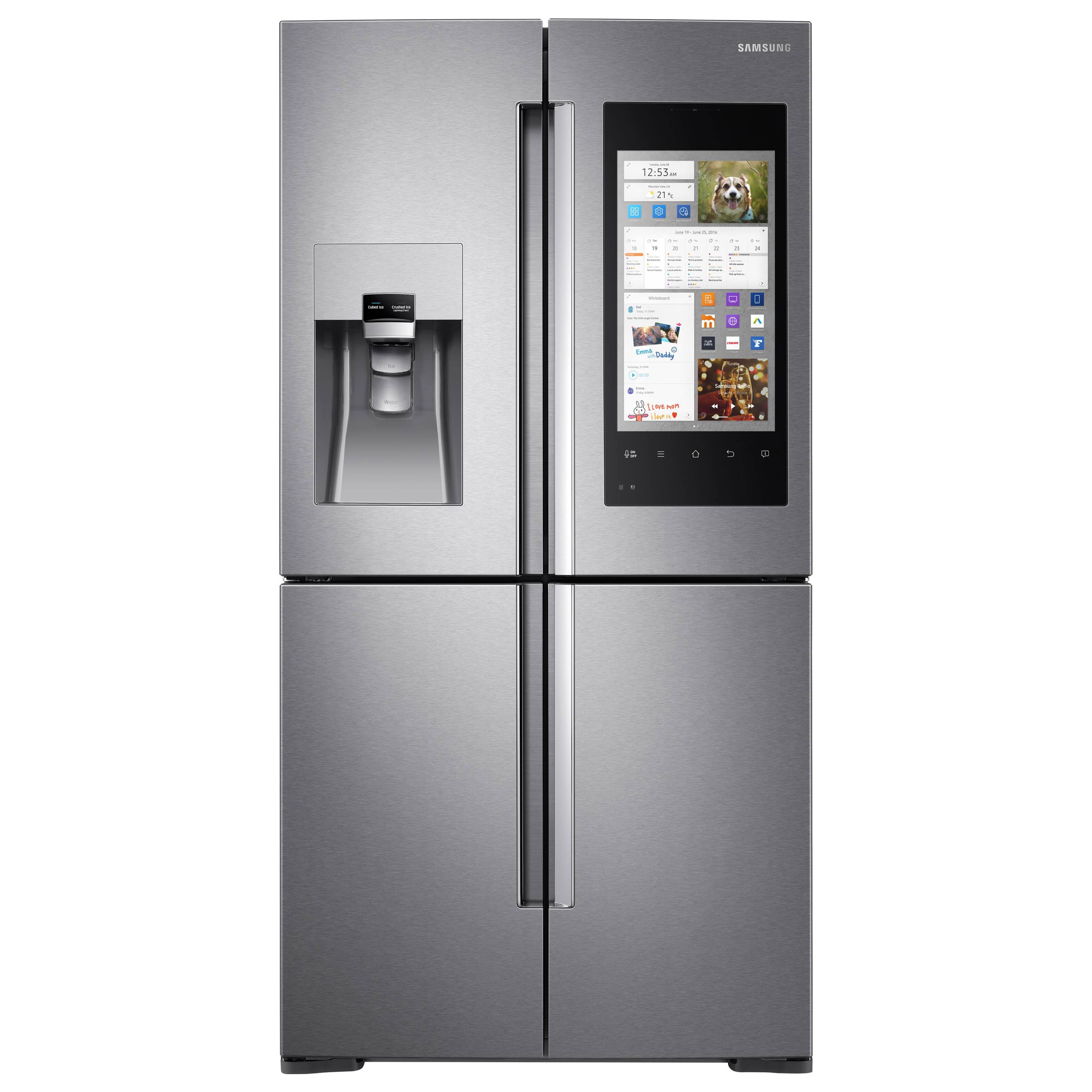 Der intelligente Kühlschrank "Family Hub 2.0" ist durch Nutzerprofile individualisierbar, besitzt eine optimierte Lebensmittelorganisation sowie Sprachsteuerung und ermöglicht das Spiegeln des Smartphones aufs Display. Foto: Samsung Kühlschränke von heute können weit mehr, als nur Lebensmittel zu kühlen.