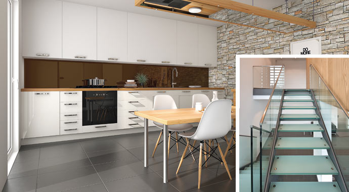 Küchenrückwand aus Design-Spiegelglas und Treppe aus Verbundsicherheitsglas von Sprinz Küchenrückwand aus Design-Spiegelglas und Treppe aus Verbundsicherheitsglas von Sprinz