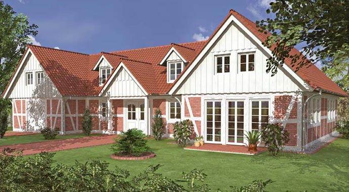 Deutsche Landhaus Klassiker DLK Fachwerkhaus Typ ARNIS Giebel St. Annen Außenansicht