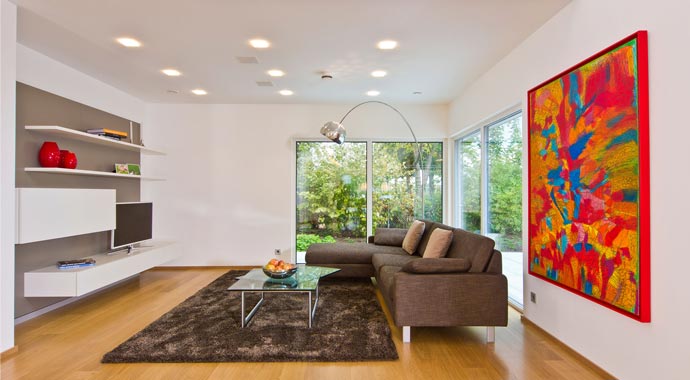 Fertighaus Weiss Musterhaus Plusenergiehaus Future Mannheim Wohnzimmer