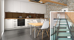 Küchenrückwand aus Design-Spiegelglas und Treppe aus Verbundsicherheitsglas von Sprinz