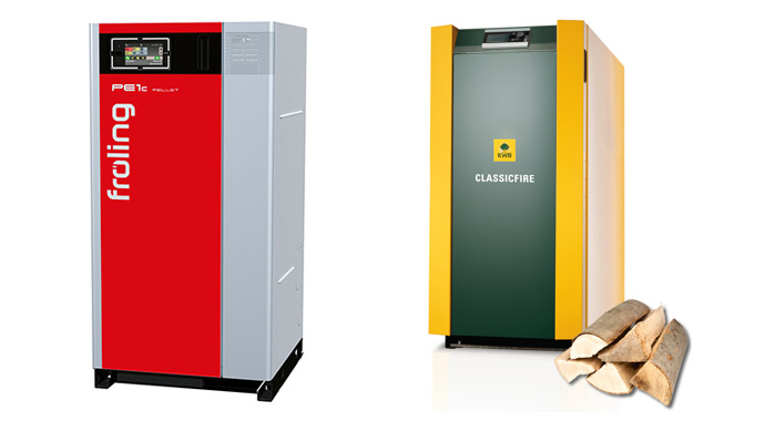 Pelletheizung PE1c von Fröling und Stückholzheizung KWB Classicfire Pelletheizung PE1c von Fröling und Stückholzheizung KWB Classicfire