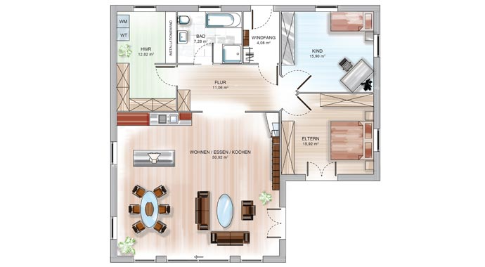 Grundriss Variante 1 ICON Winkelbungalow von Dennert Massivhaus