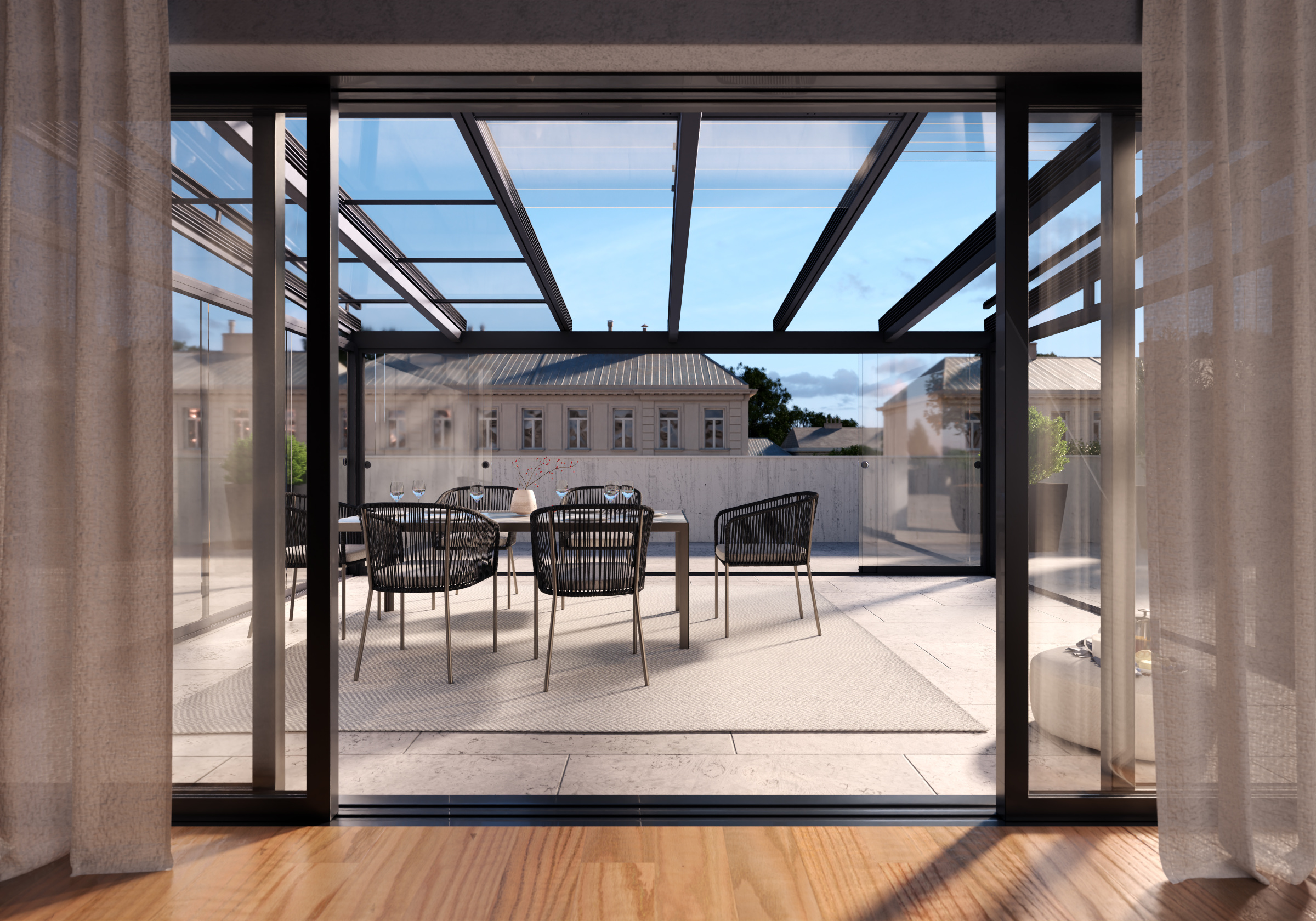 Glas-Schiebdach über Terrasse